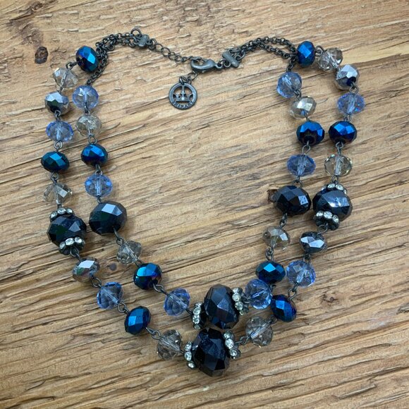 Trifari Crown Double Stranded Glass Aurora Beaded Crystal Gun Metal Necklace - Picture 3 of 8